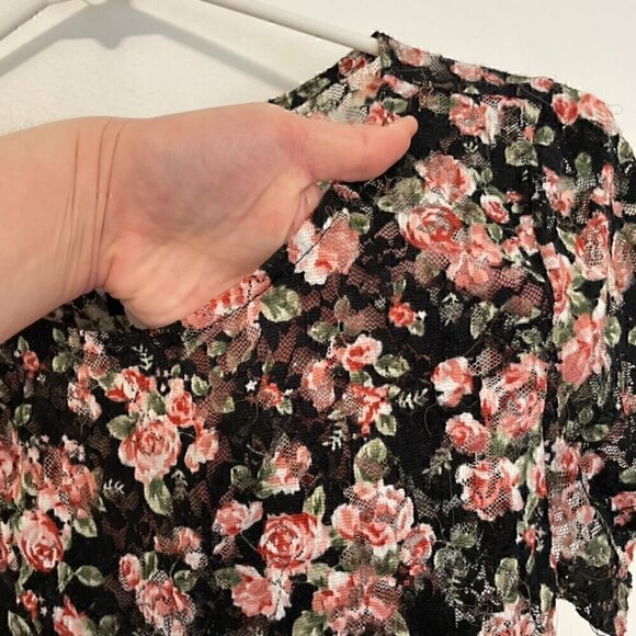 FOREVER 21 Black Pink Multi Floral Lace Twee 2010s Short Sleeve Peplum Blouse M - Picture 7 of 16